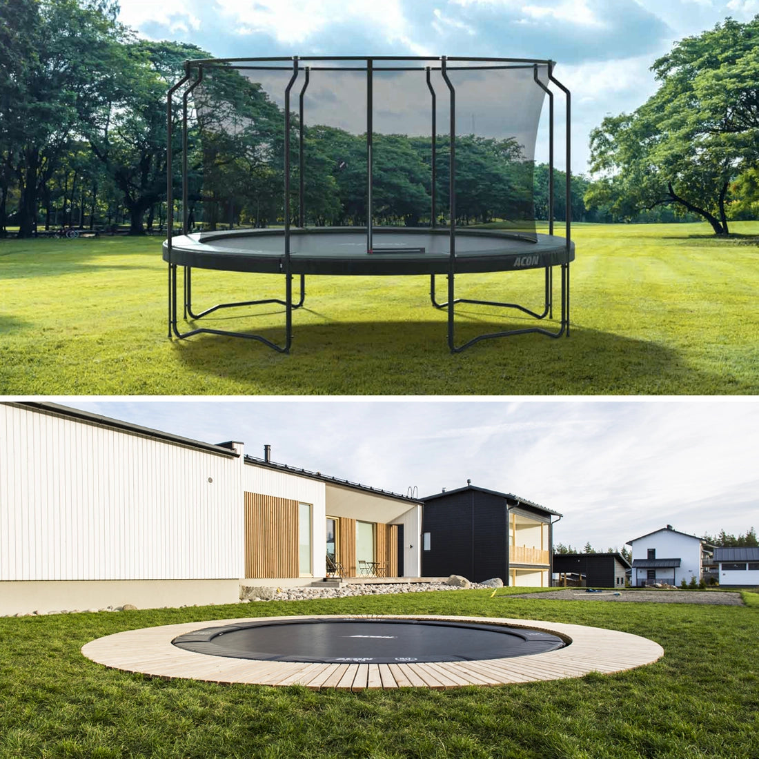 Acon trampolines installed on ground and in ground.