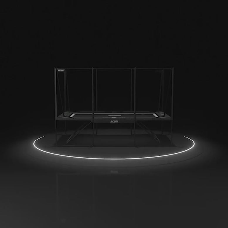 Acon X trampoline with basketball hoop and soccer goal shown in looping product animation.
