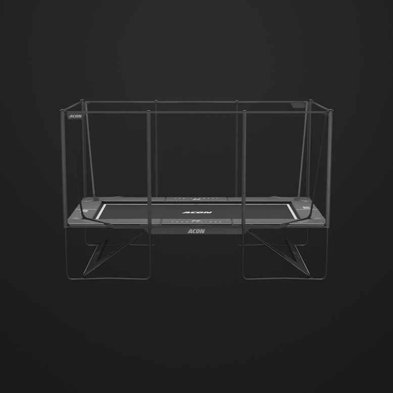 Animated video of the Acon X 17 trampoline rotating slowly against a black background, showcasing its shape and construction.