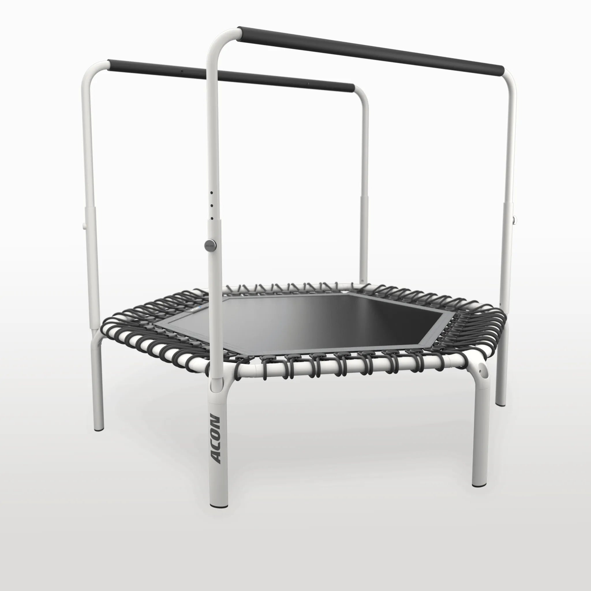 ACON Fit 55in Hexagon Rebounder with Balance Handlebar in white, Canadian fitness trampoline with double-handle setup.