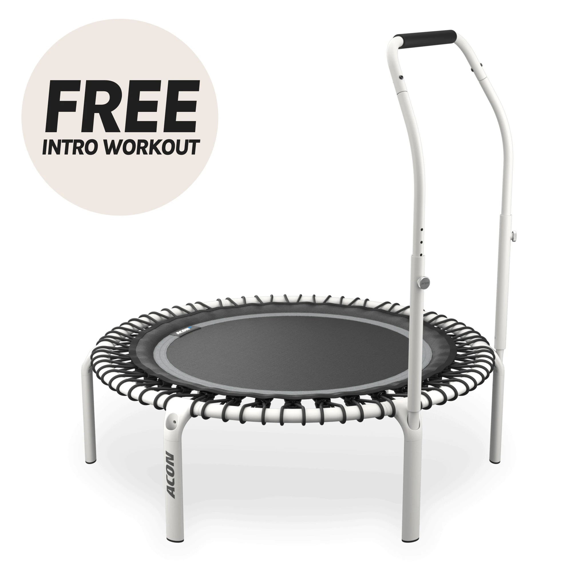 White Round Acon FIT trampoline with Active handle. Beige circle with the text "Free intro workout".