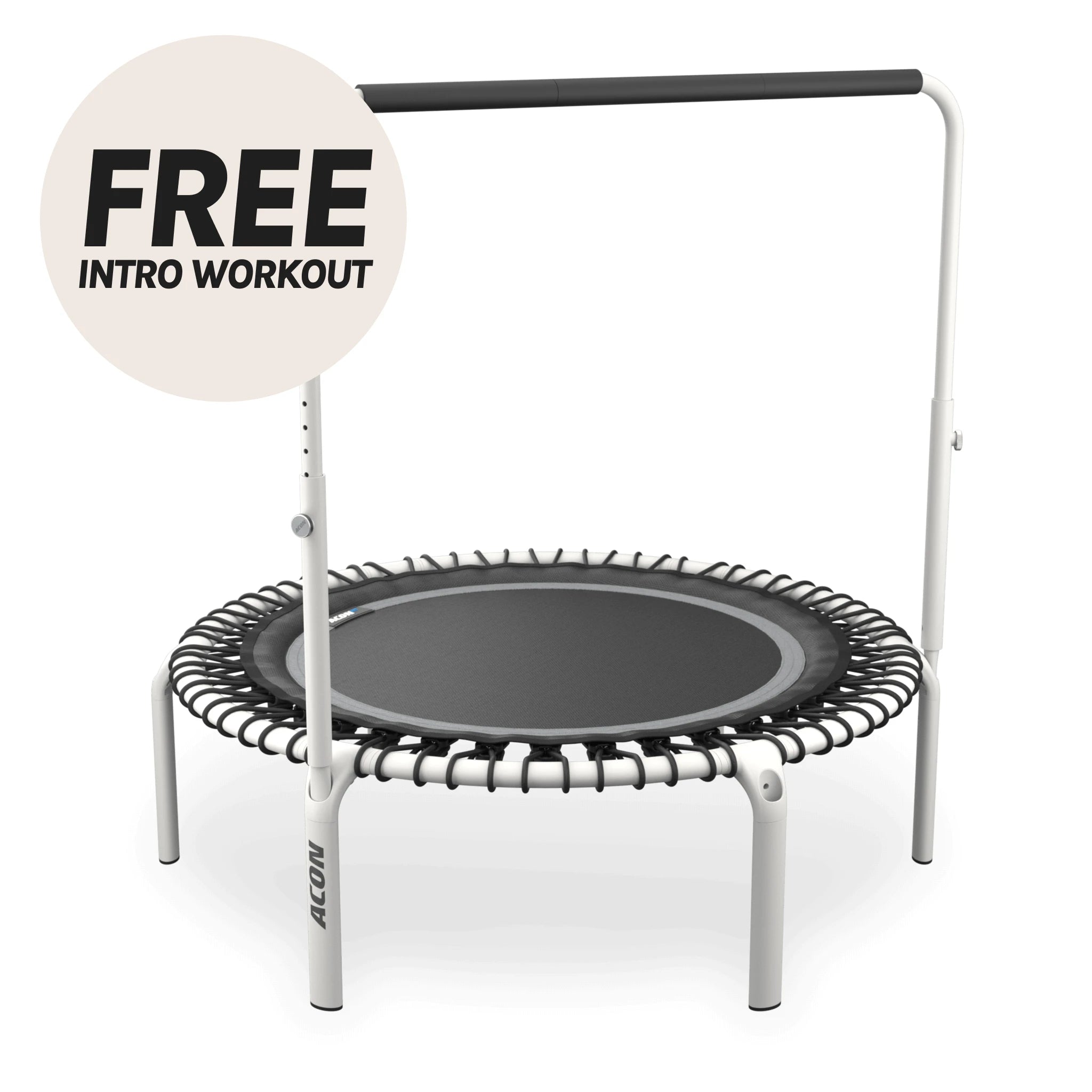 White Round Acon FIT trampoline with Balance handle. Beige circle with the text "Free intro workout".