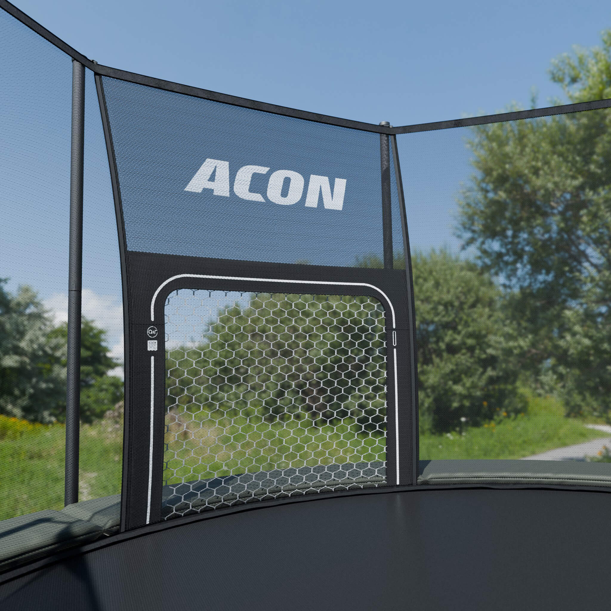 ACON Air Soccer Goal assembled to an ACON Air Round trampoline outdoors.