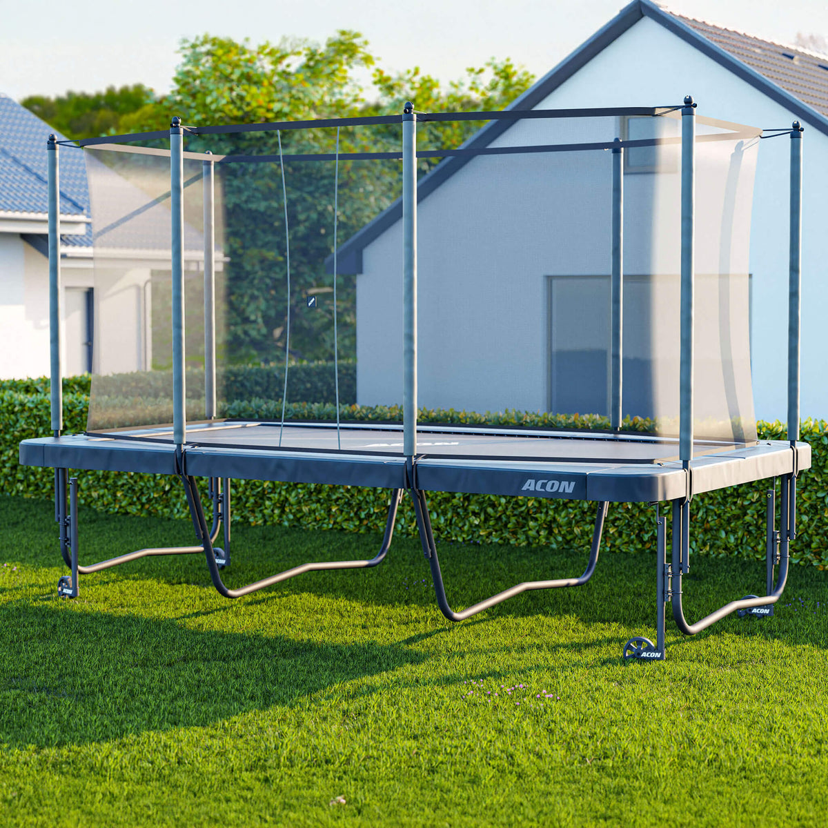A rectangular trampoline lifted up with Acon trampoline wheels.