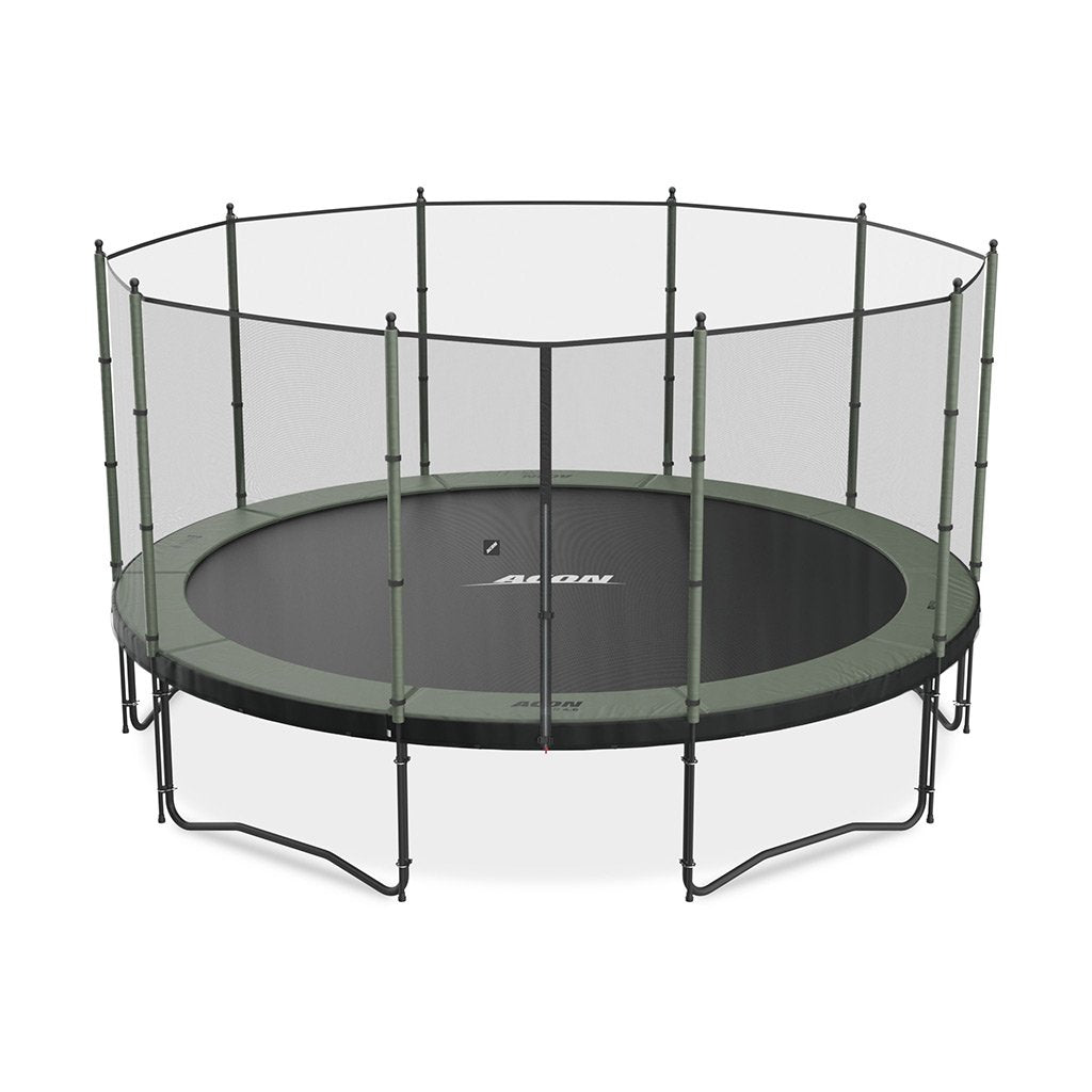 Product image of Acon15ft Round trampoline with Standard net, along with an inset round image of an Acon 10ft airtrack.