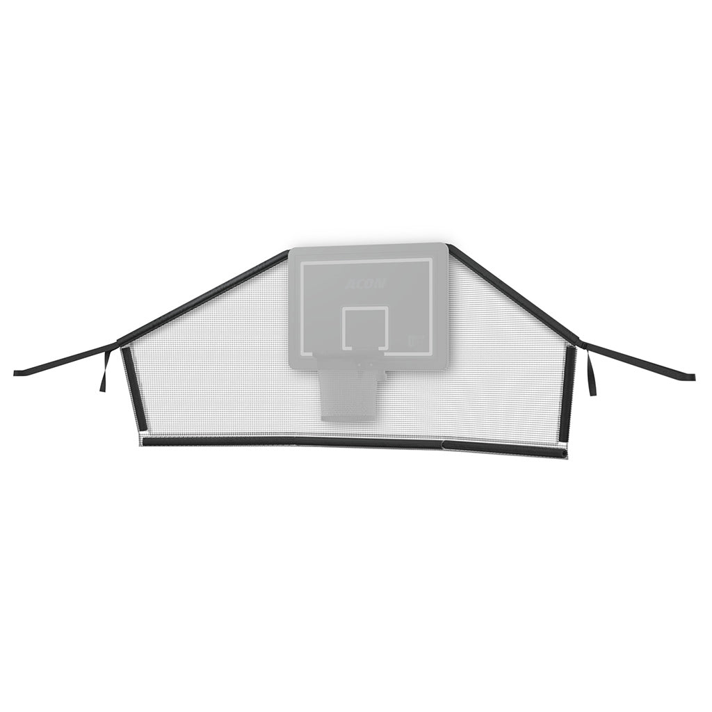 Product image of the Acon Trampoline Hoop Back Net with cutout image of placement of the hoop, shot against a white background.