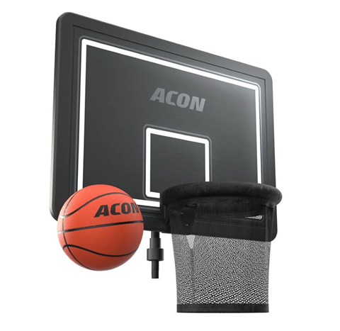 Product image of the orange, pro-style Acon Basketball, pictured to the side of the Acon Trampoline Hoop for round trampoline, shot against white background.