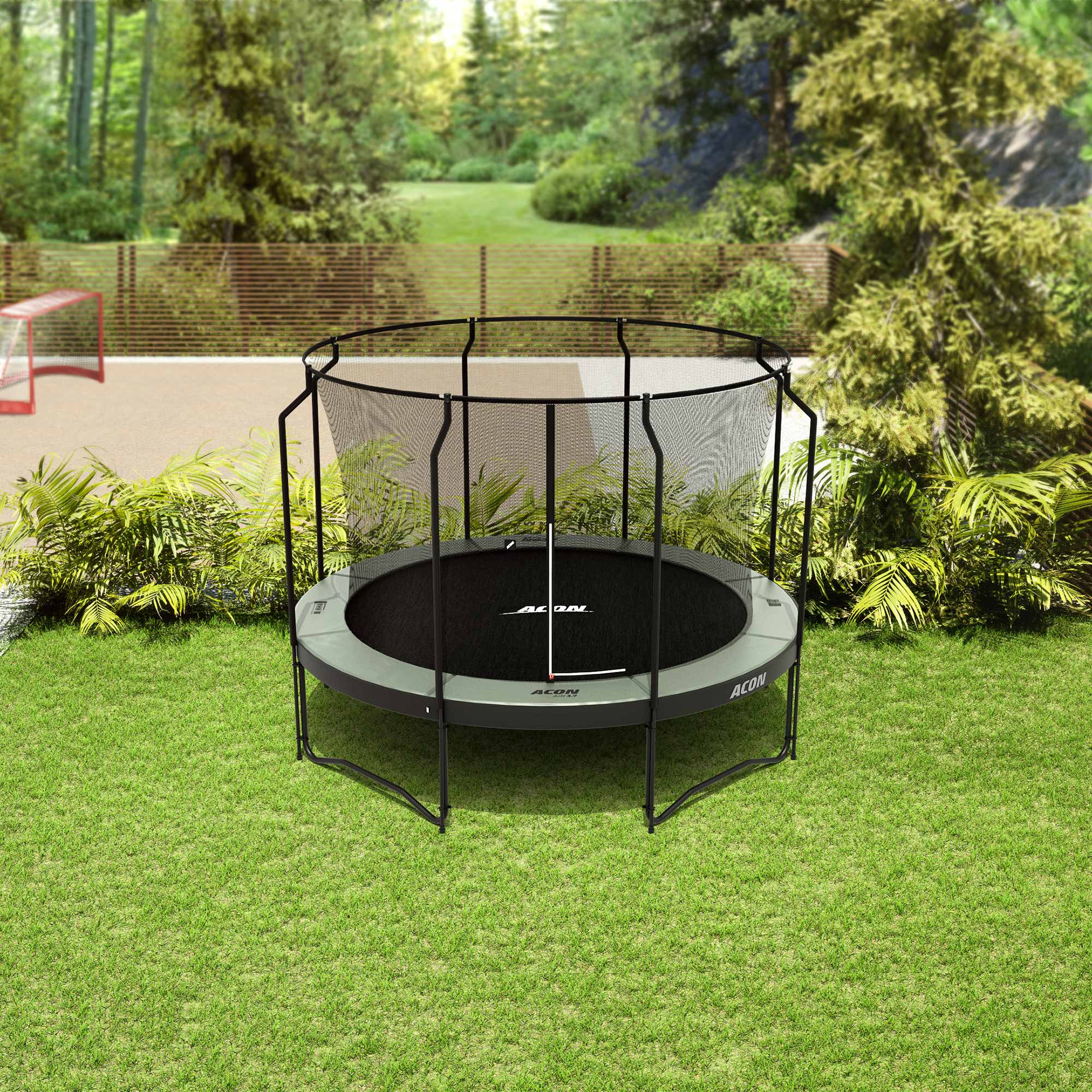 ACON Air 12ft Trampoline with Premium Enclosure in the backyard.