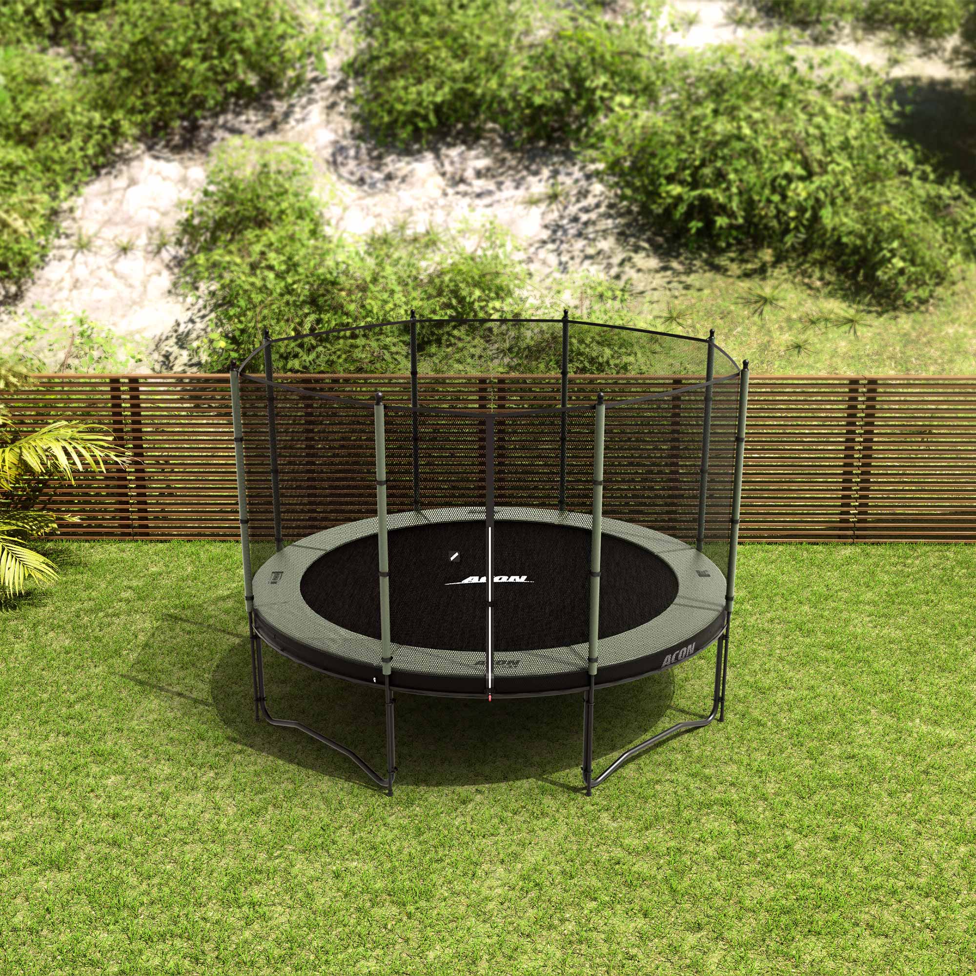 ACON Air 12ft Trampoline with Standard Enclosure in the backyard.