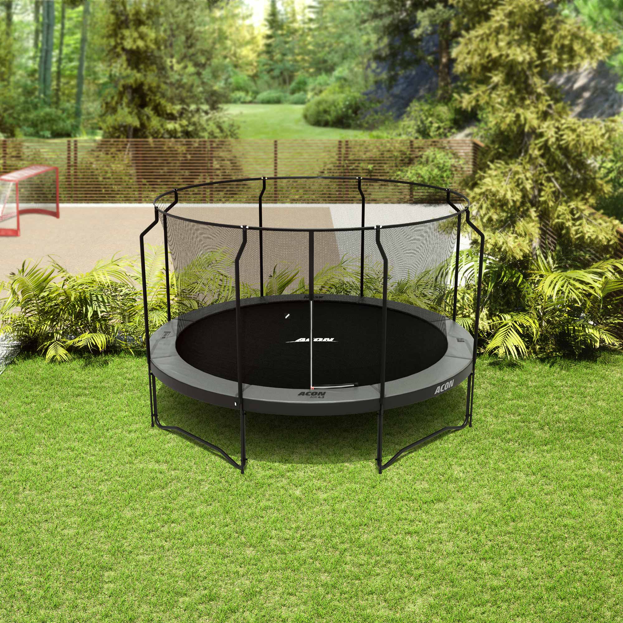 ACON Air 14ft Trampoline Black with Premium Enclosure in the backyard.